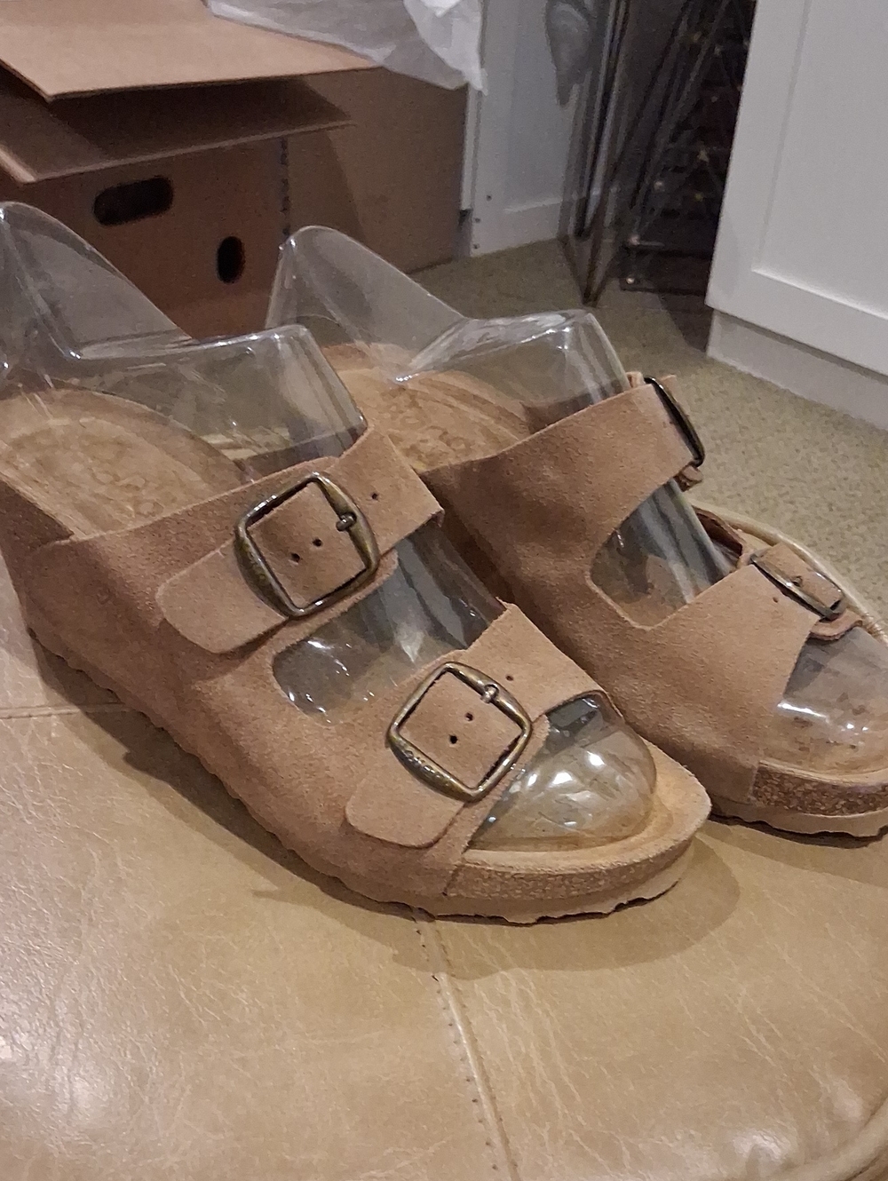 Suede Double-Buckle Slip-On Mules in Tan